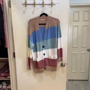 American Eagle Outfitters Striped Cardigan - Tan, Blue, White, Pink